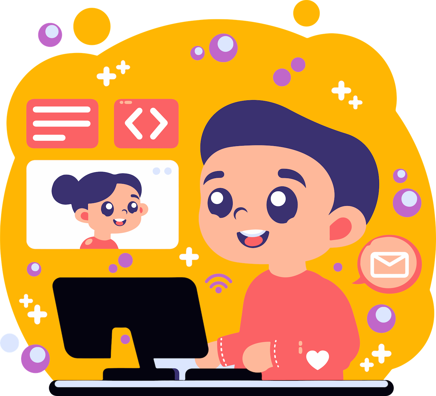 Young student engaged in online programming education with video call and coding elements in a vibrant learning environment